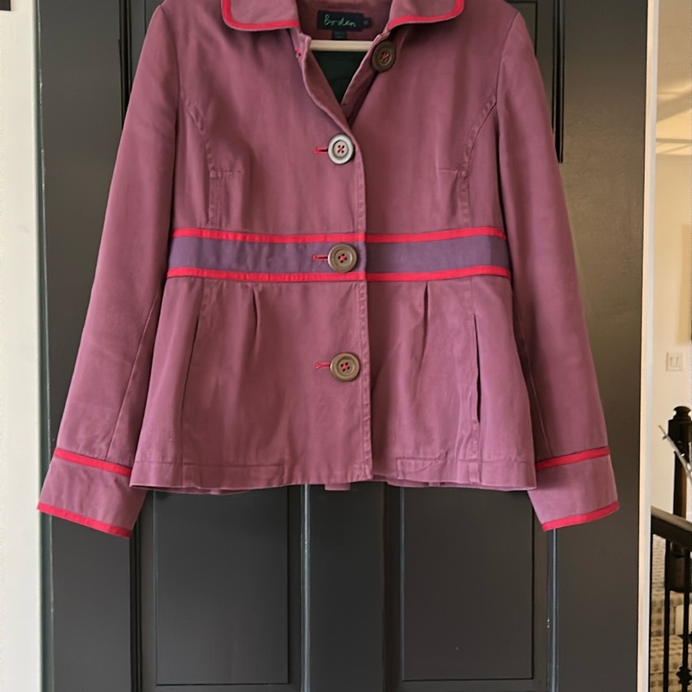 Boden Eggplant with Puple and Red Trim jacket. In very gently used condition.